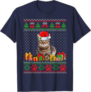 Funny Tabby Cat Santa Hat Ugly Christmas Sweater Xmas PJS Women Kids T-Shirt - T-Shirt | Navy