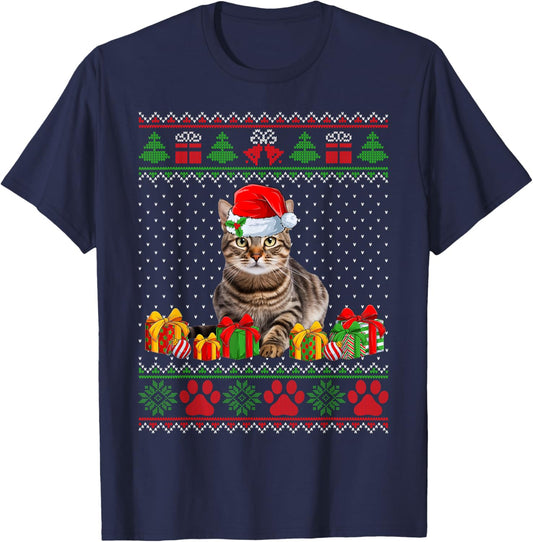 Funny Tabby Cat Santa Hat Ugly Christmas Sweater Xmas PJS Women Kids T-Shirt - T-Shirt | Navy