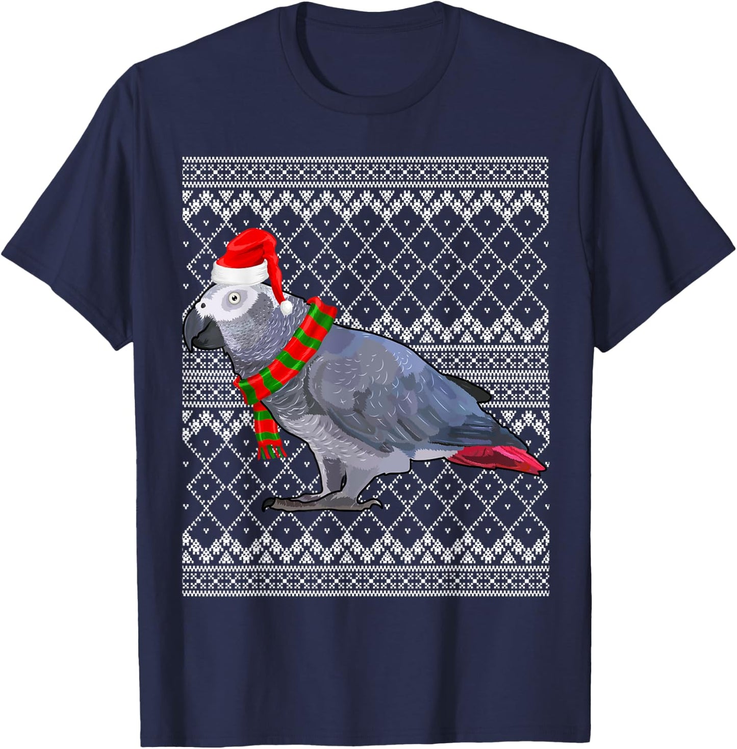 Xmas Bird Santa Hat African Grey Parrot Ugly Christmas T-Shirt - T-Shirt | Navy