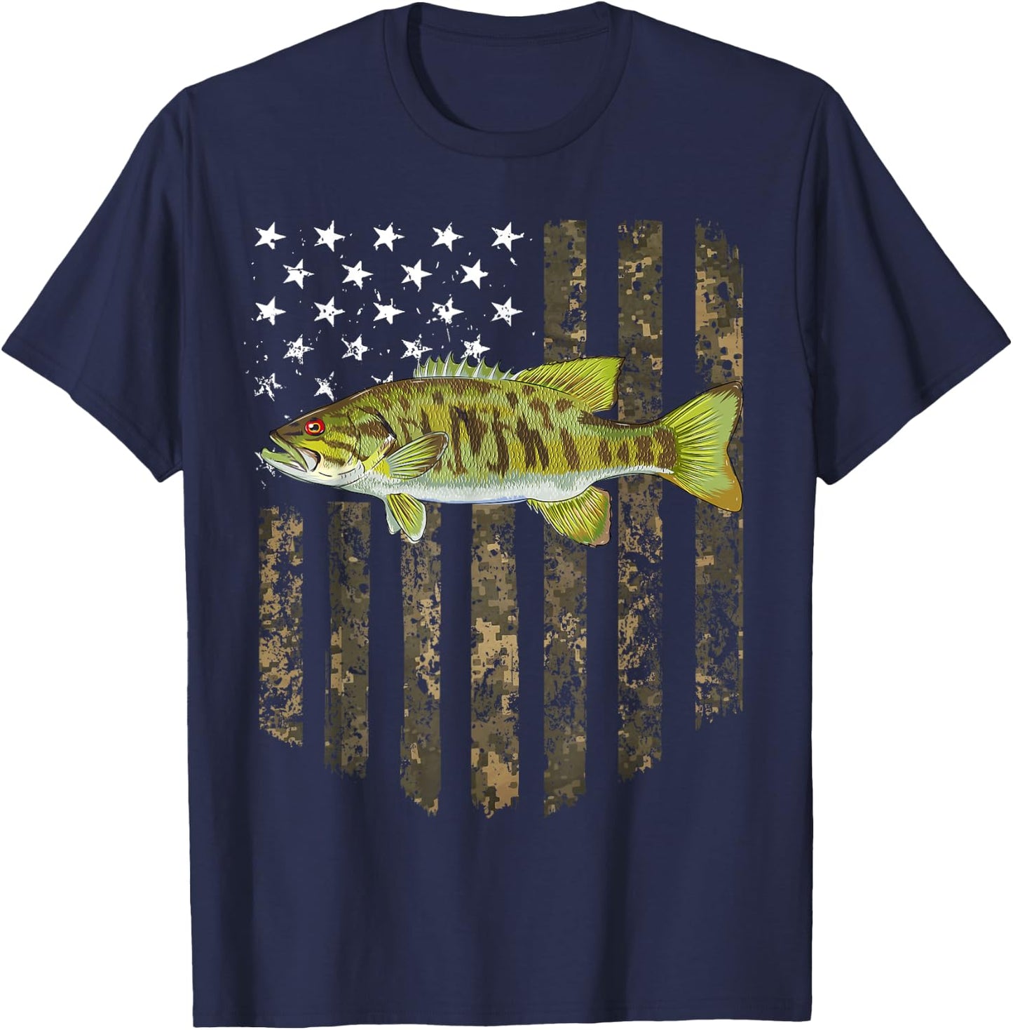 Camo American Flag Smallmouth Bass Fishing 4th Of July T-Shirt - T-Shirt | Navy