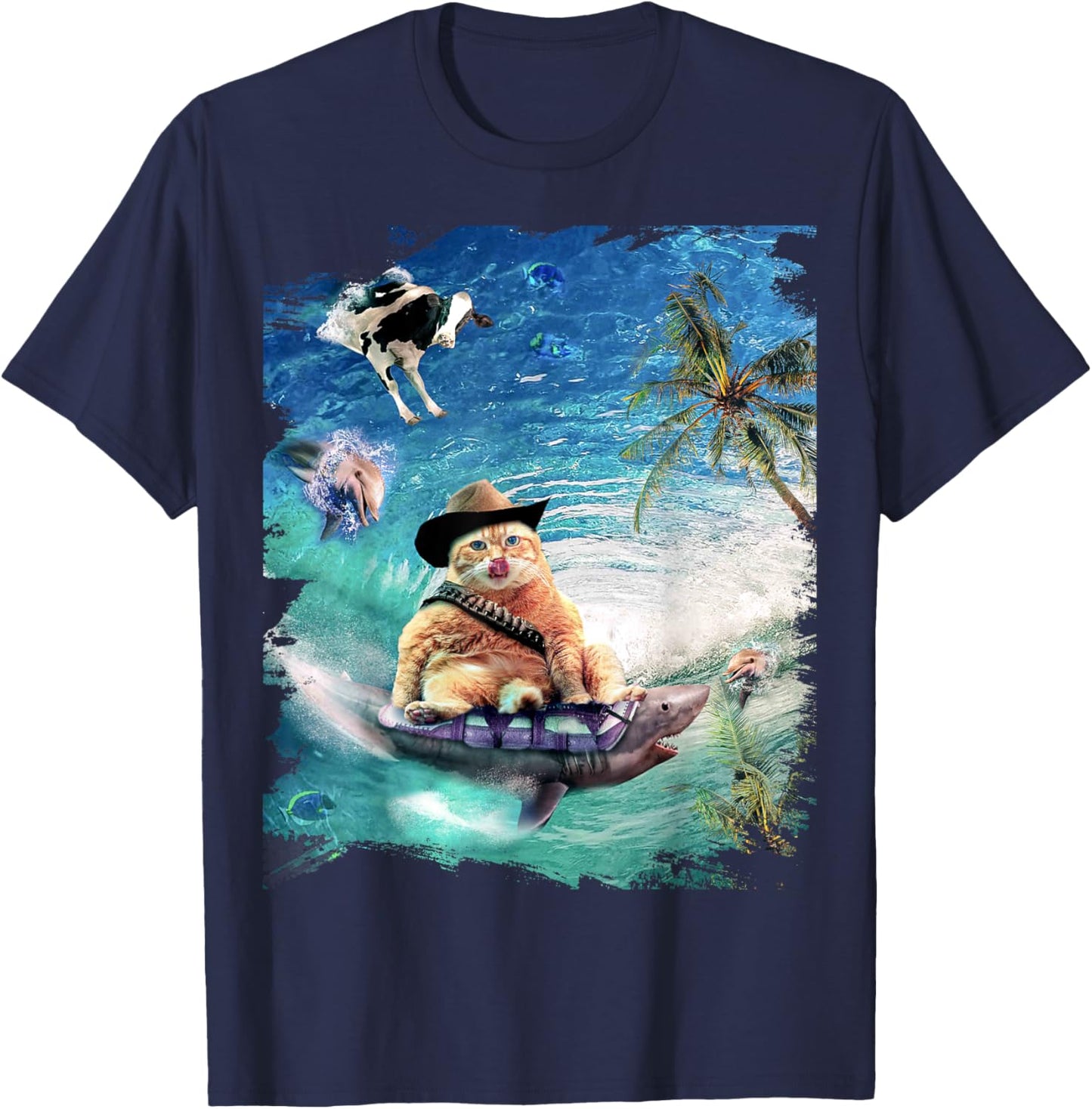 Surfing Cat Cowboy Riding Shark T-Shirt - T-Shirt | Navy
