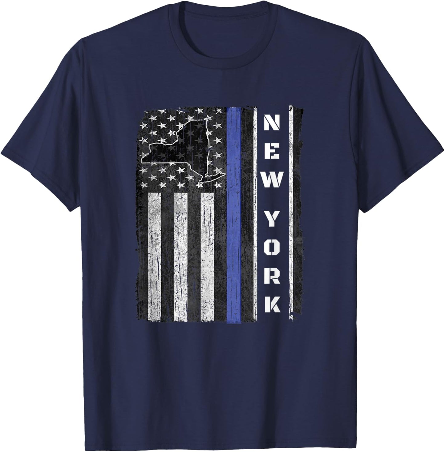 New York Thin Blue Line Police Week Shirt USA Flag Gift Cop T-Shirt - T-Shirt | Navy