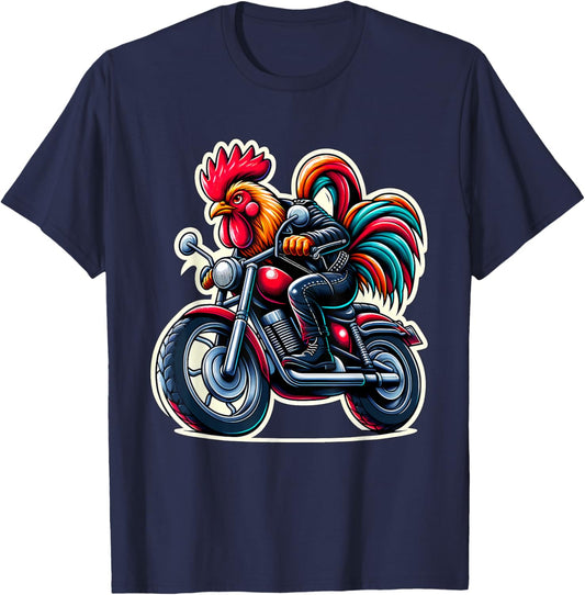 Biker Rooster Riding Motorbike T-Shirt - T-Shirt | Navy