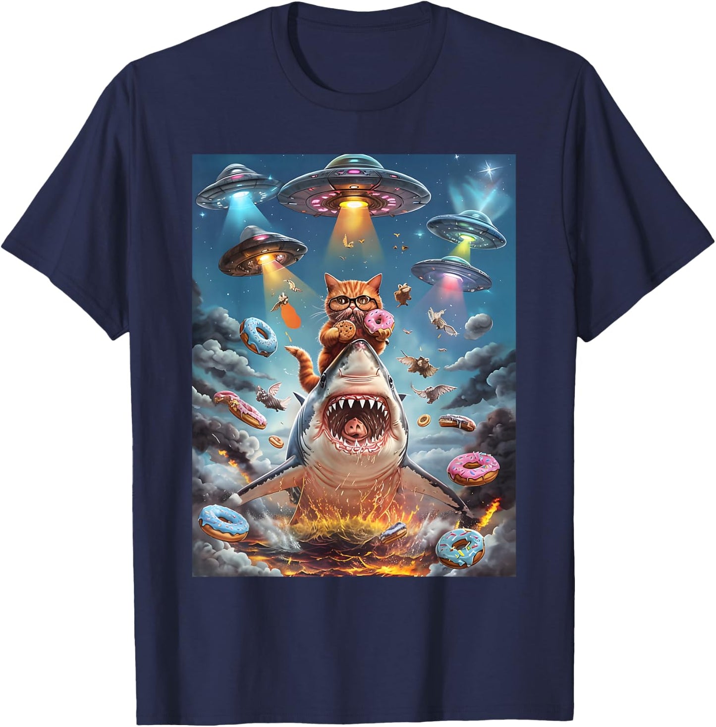 Funny Cat Riding Fire Breathing Shark Rainbow Birthday Kids T-Shirt - T-Shirt | Navy