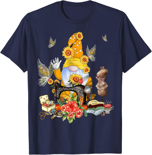 Gnome And Butterflies Quilting Funny Quilters Sewing Gnome T-Shirt - T-Shirt | Navy