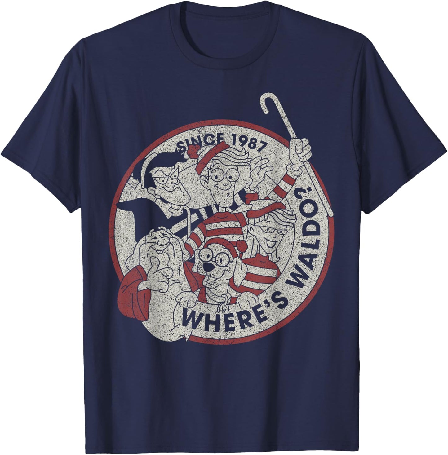 Where's Waldo Vintage 1987 Main Cast Circle Logo T-Shirt - T-Shirt | Navy