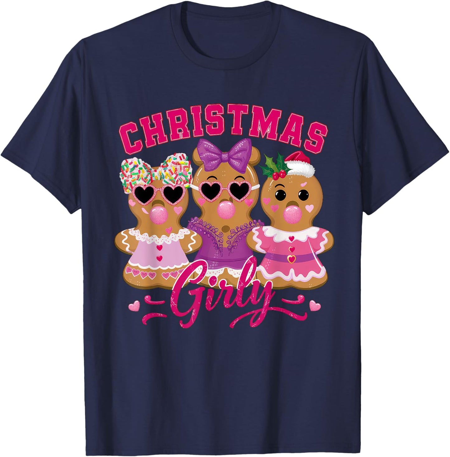 Coquette Bow Pink Gingerbread Christmas Girly Xmas Holiday T-Shirt - T-Shirt | Navy