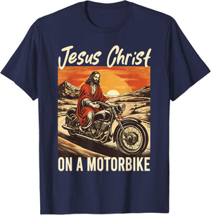 Jesus Christ On A Motorbike Jesus Biker Motorcycle Christian T-Shirt - T-Shirt | Navy