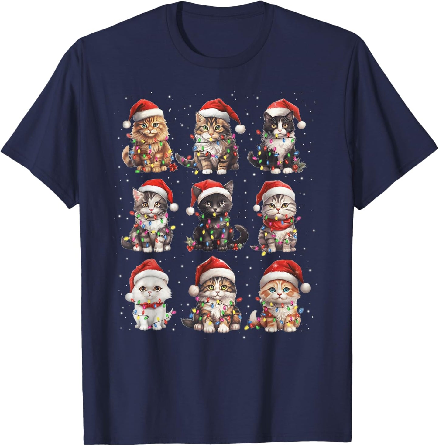 Santa Cats Tangled Up in Christmas Tree Lights Funny Cat Pet T-Shirt - T-Shirt | Navy