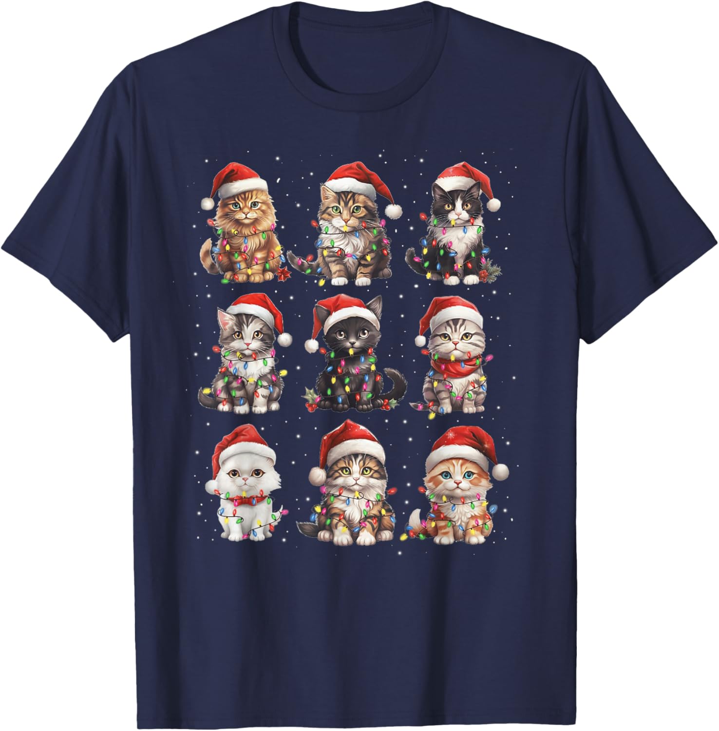 Santa Cats Tangled Up in Christmas Tree Lights Funny Cat Pet T-Shirt - T-Shirt | Navy