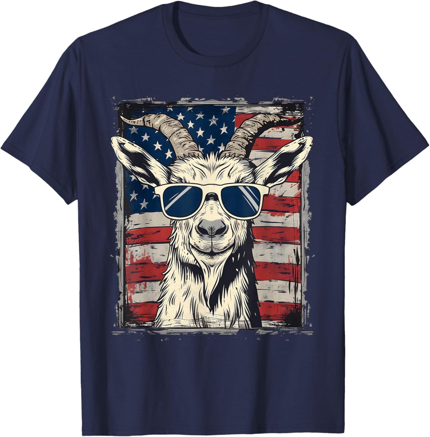 Cool Goat with Sunglasses and USA Flag T-Shirt - T-Shirt | Navy