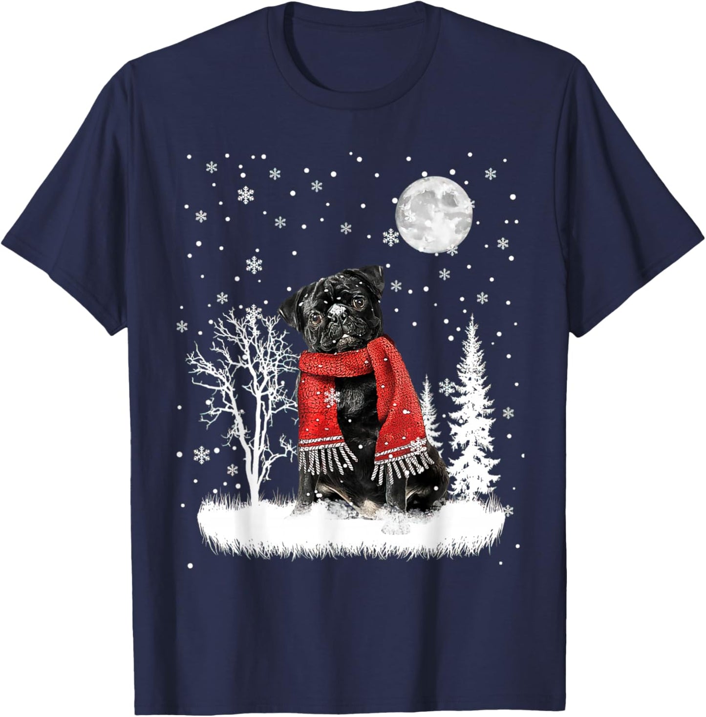 Pug Under Moonlight Snow Christmas Pajama T-Shirt - T-Shirt | Navy
