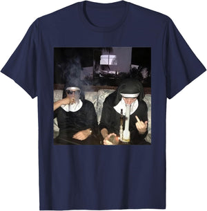 Vintage Nuns Smoking Cigarette Bong Funny Drug Nun T-Shirt - T-Shirt | Navy