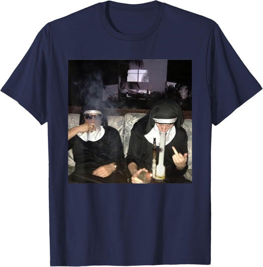 Vintage Nuns Smoking Cigarette Bong Funny Drug Nun T-Shirt - T-Shirt | Navy