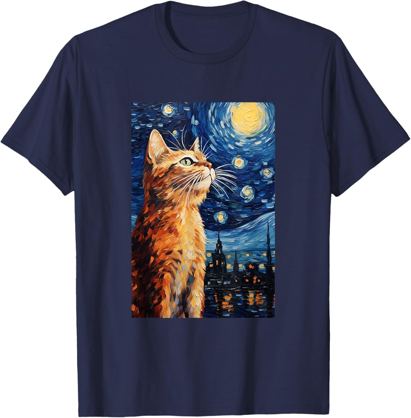 Cute Cat - Van Gogh Style - Starry Night Women Girls Kids T-Shirt - T-Shirt | Navy
