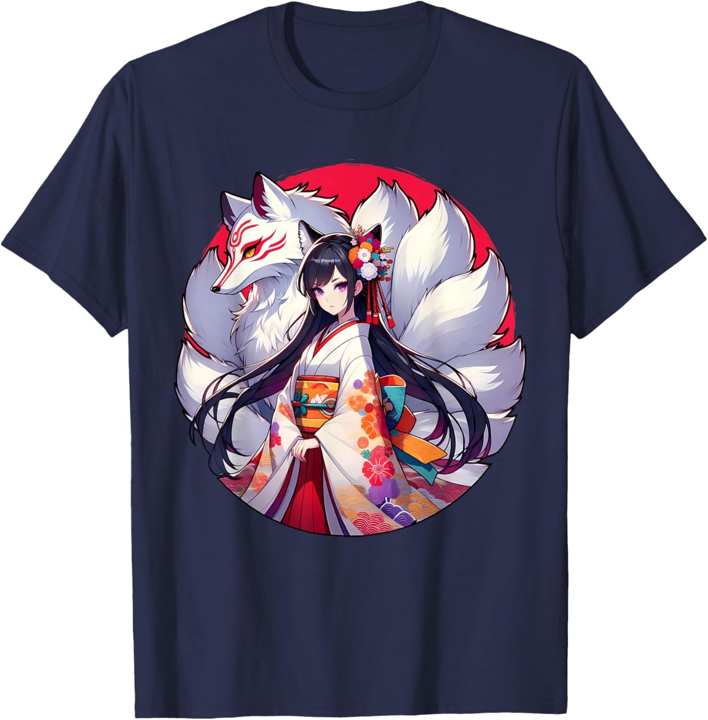 Japanese Anime Girl With Kitsune Nine Tailed Fox T-Shirt - T-Shirt | Navy