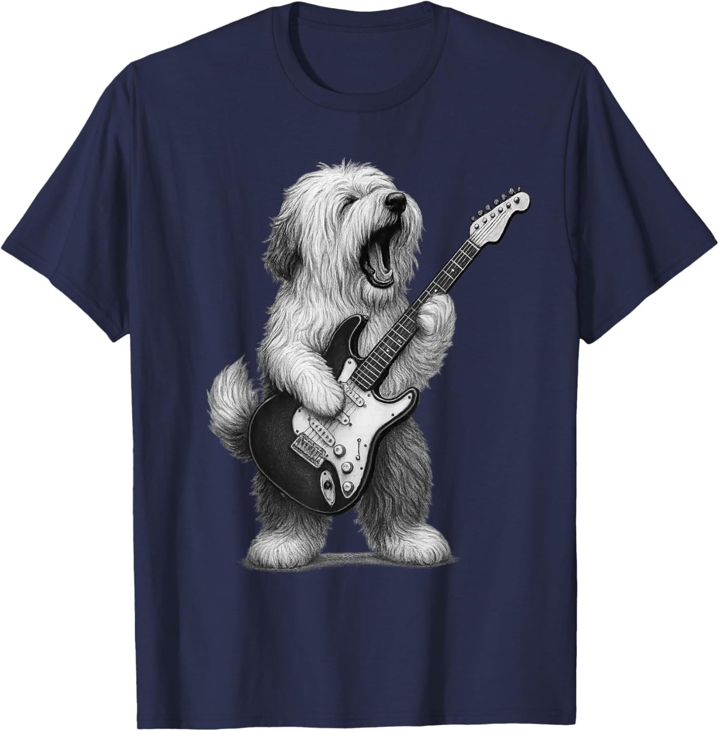 Old English Sheepdog Playing Guitar Rock Music Dog Lover T-Shirt - T-Shirt | Navy