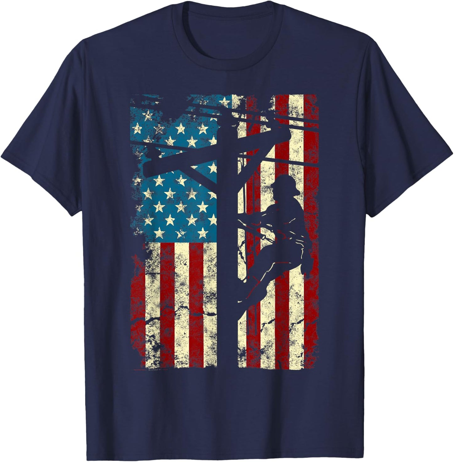 American Flag Electric Cable Lineman gift 4th of July T-Shirt - T-Shirt | Navy