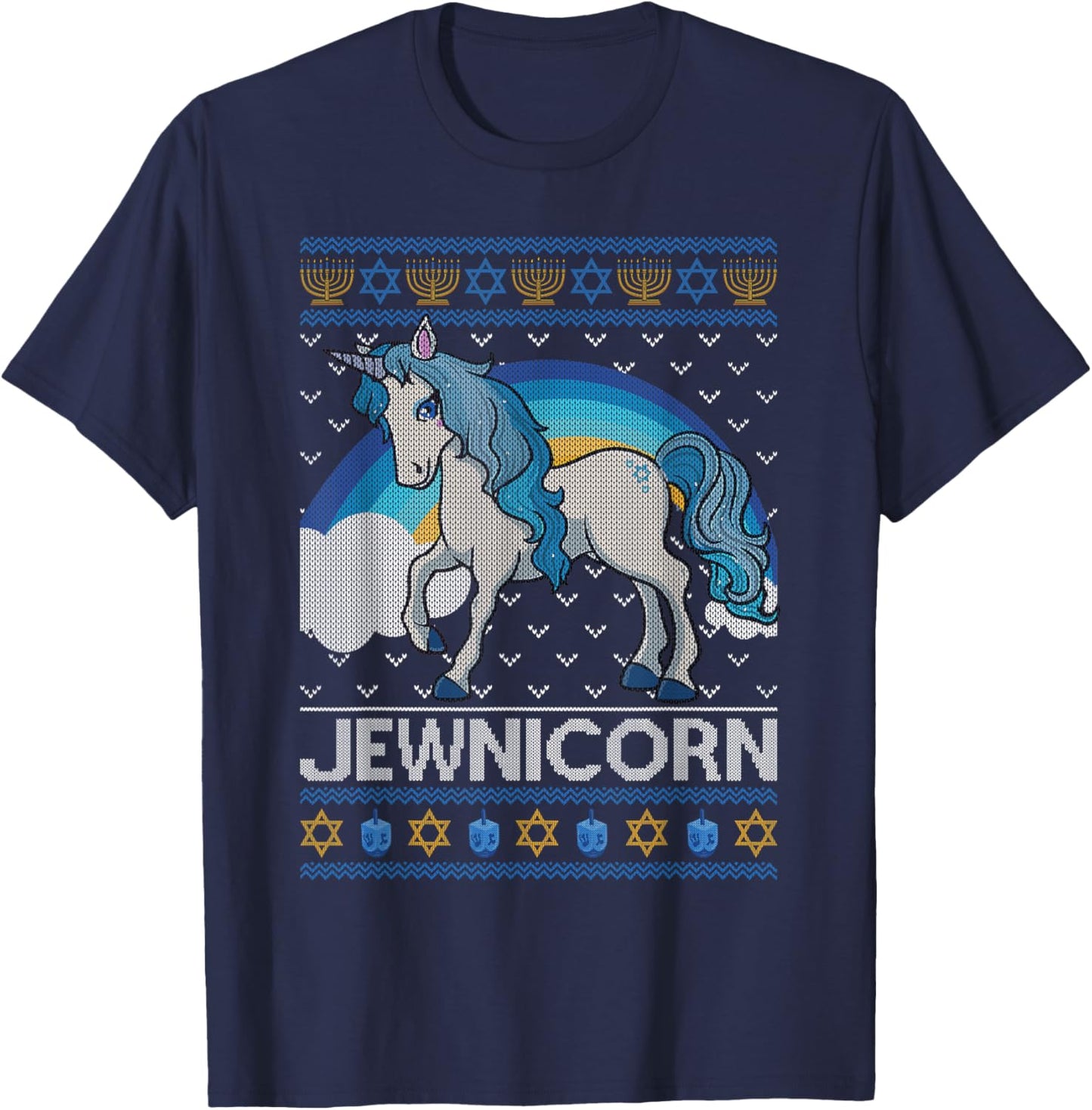 Funny Jewnicorn Jewish Unicorn Menorah Ugly Hanukkah Sweater T-Shirt - T-Shirt | Navy