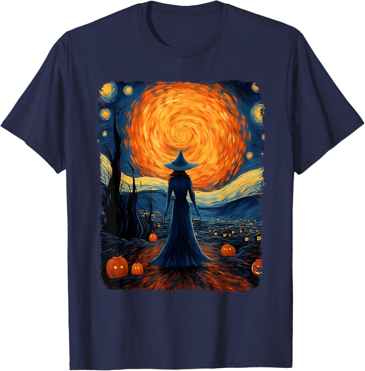 Witch Mystery Scary Moon Starry Night Van Gogh Art Halloween T-Shirt - T-Shirt | Navy
