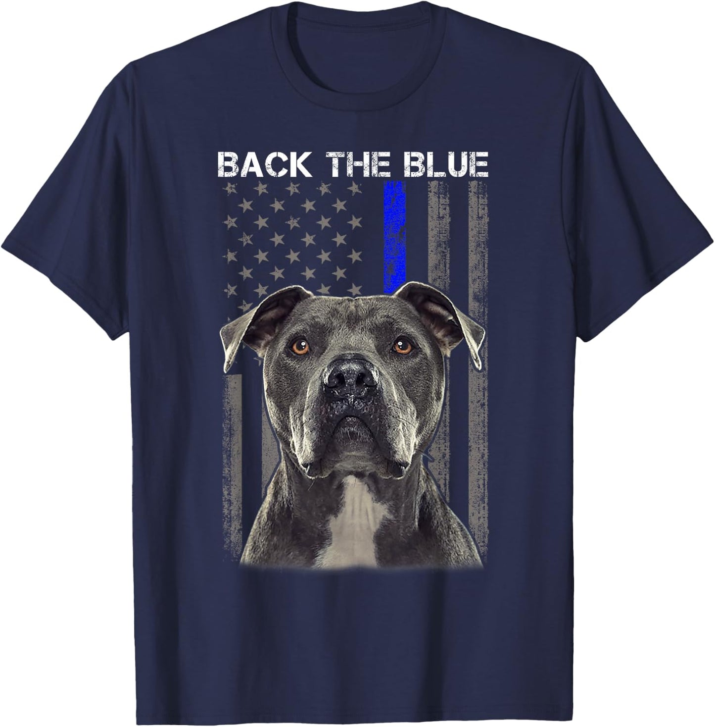 Back The Blue Thin Blue Line USA Flag Pitbull Police Support T-Shirt - T-Shirt | Navy