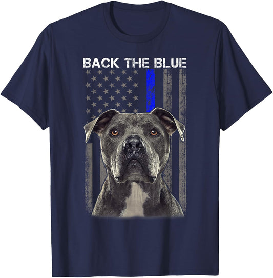 Back The Blue Thin Blue Line USA Flag Pitbull Police Support T-Shirt - T-Shirt | Navy