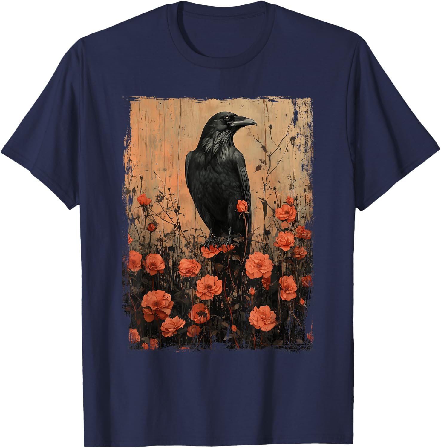 Gothic Raven Roses Vintage Floral Crow Mystical Dark Flower T-Shirt - T-Shirt | Navy