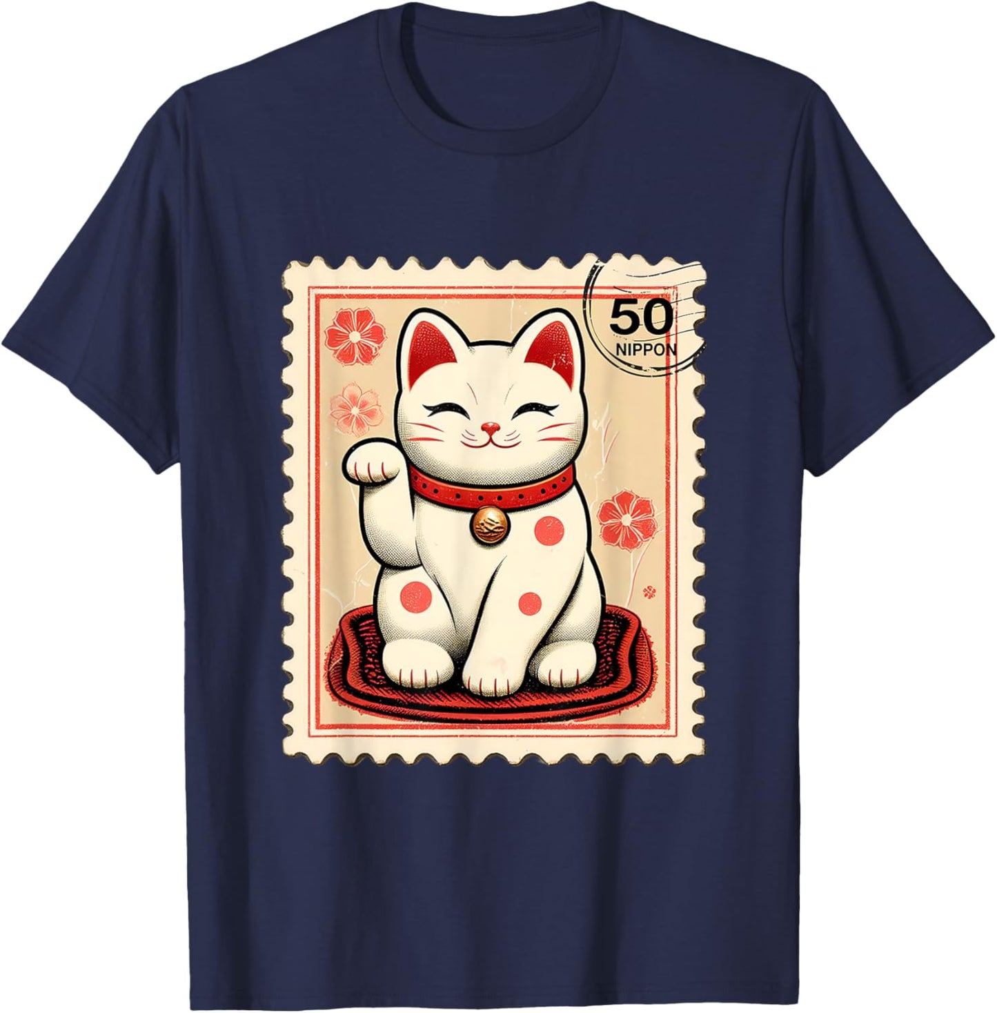Maneki Neko Japanese Kawaii Lucky Cat Stamp Retro Aesthetic T-Shirt - T-Shirt | Navy