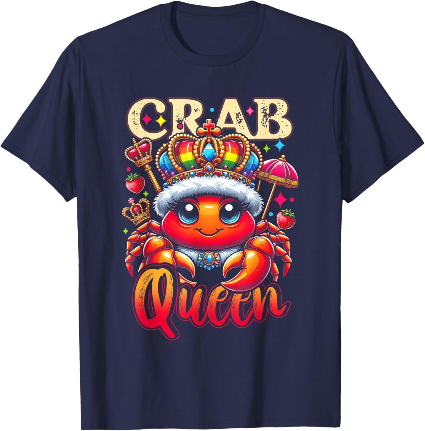 A Crab Wearing A Cloak And A Crown Crab Queen Cartoon Art T-Shirt - T-Shirt | Navy