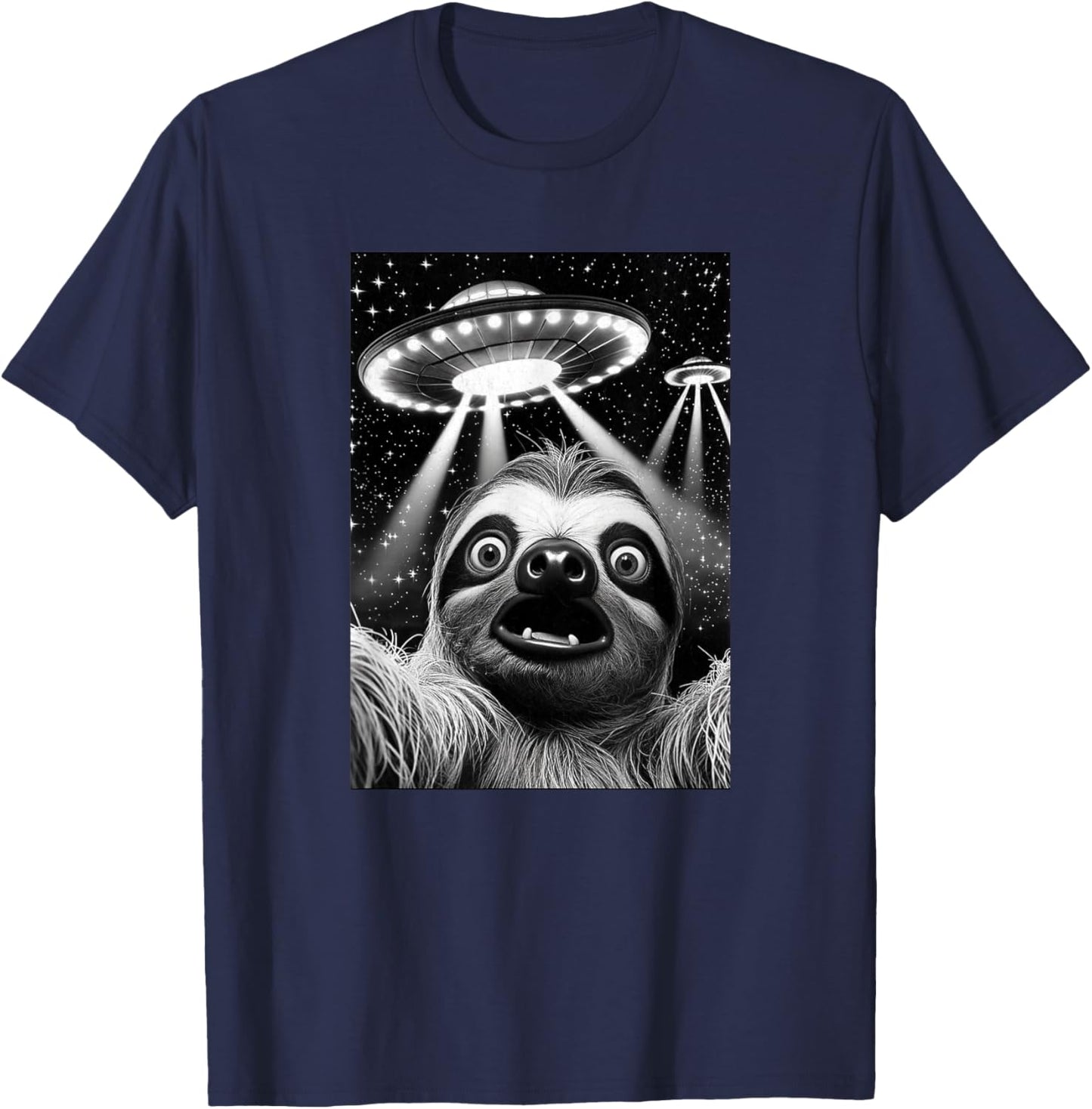 Sloth UFO | Funny Invasion Meme Retro Alien Sloth UFO Selfie T-Shirt - T-Shirt | Navy
