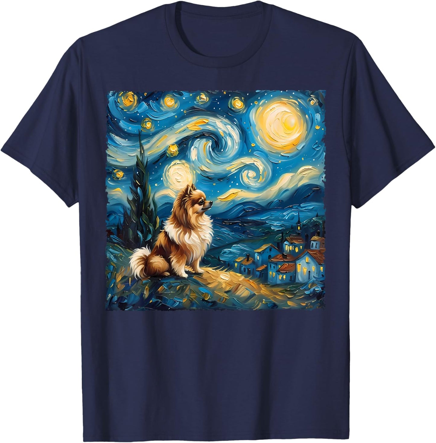 Pomeranian Dog Lovers Starry Night Van Gogh Style Painting T-Shirt - T-Shirt | Navy