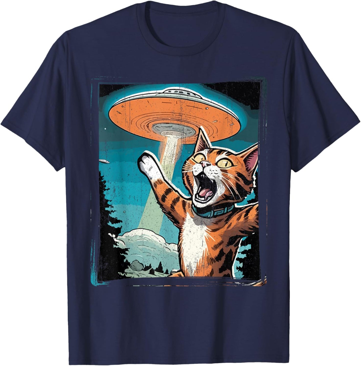 Funny Cat Selfie with UFO Cat Lover Gift Cat Mom Cat Dad T-Shirt - T-Shirt | Navy