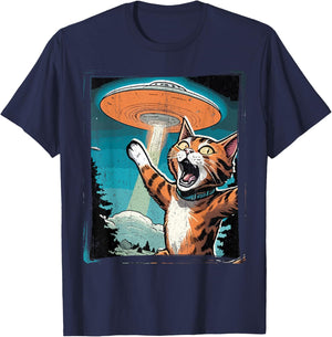 Funny Cat Selfie with UFO Cat Lover Gift Cat Mom Cat Dad T-Shirt - T-Shirt | Navy