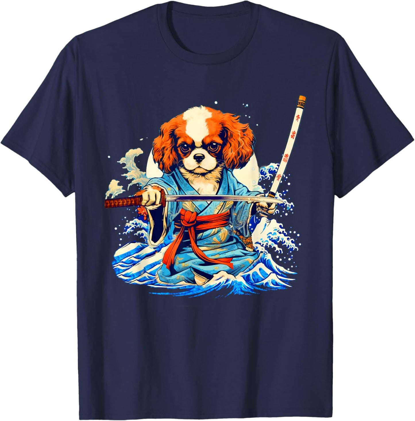 Cavalier King Charles Spaniel Dog Japanese Ukiyoe Art Ninja Women Girls Kids T-Shirt - T-Shirt | Navy