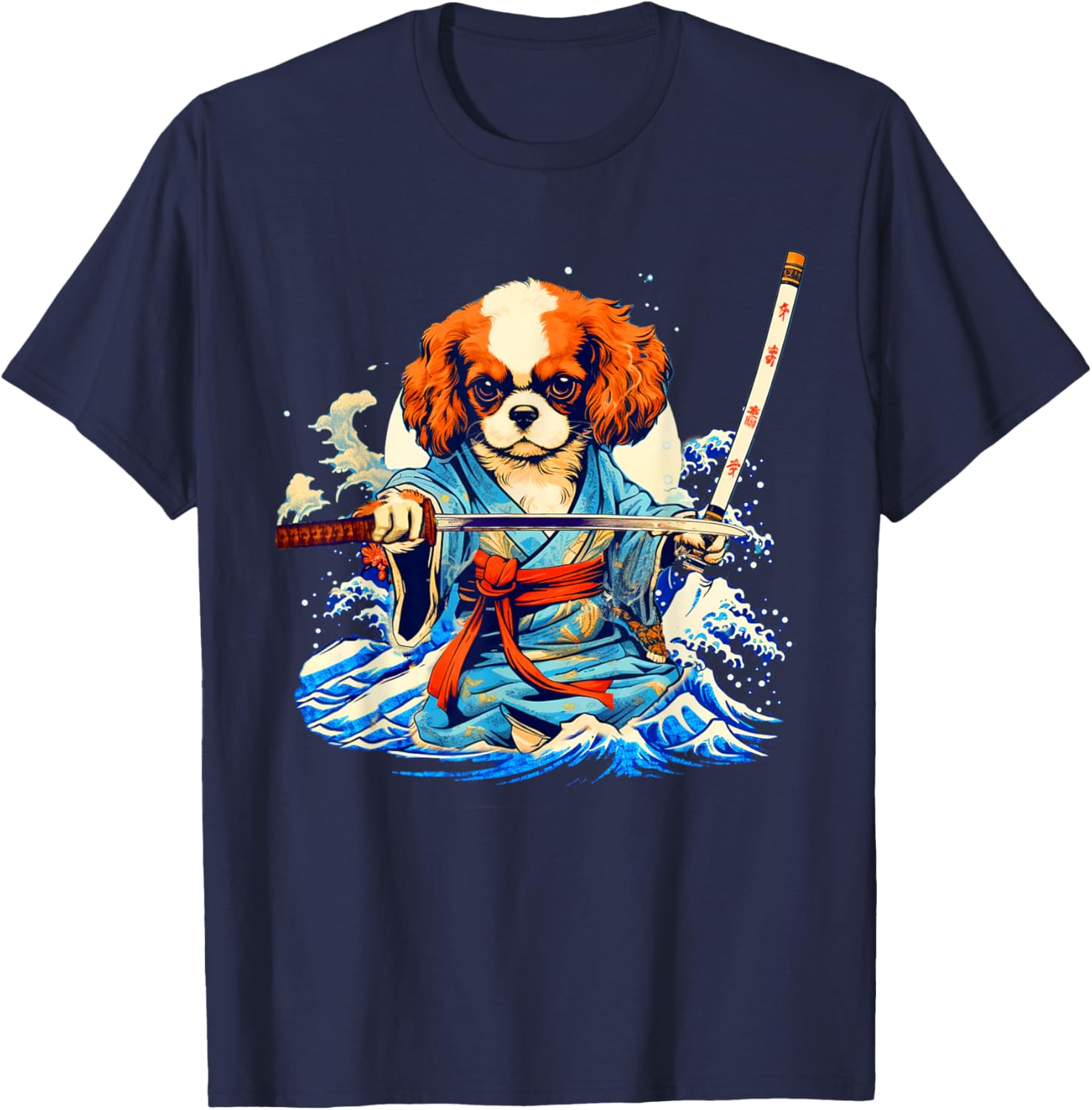 Cavalier King Charles Spaniel Dog Japanese Ukiyoe Art Ninja Women Girls Kids T-Shirt - T-Shirt | Navy