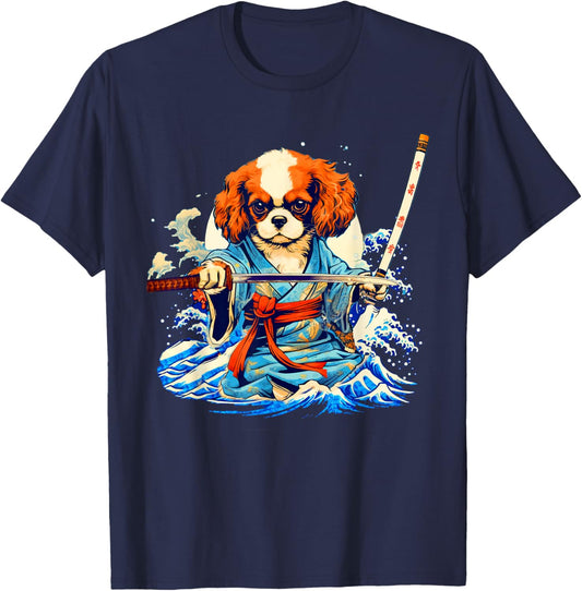 Cavalier King Charles Spaniel Dog Japanese Ukiyoe Art Ninja Women Girls Kids T-Shirt - T-Shirt | Navy