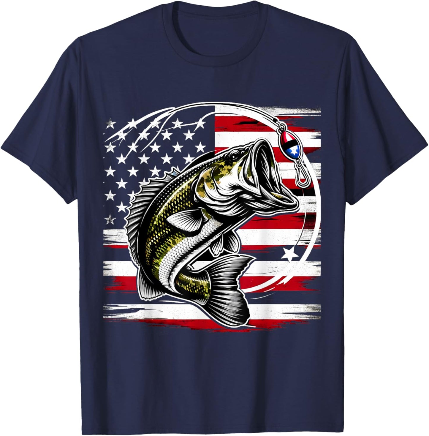 American Flag Fish Fisher Fisherman Funny Bass Fishing USA T-Shirt - T-Shirt | Navy