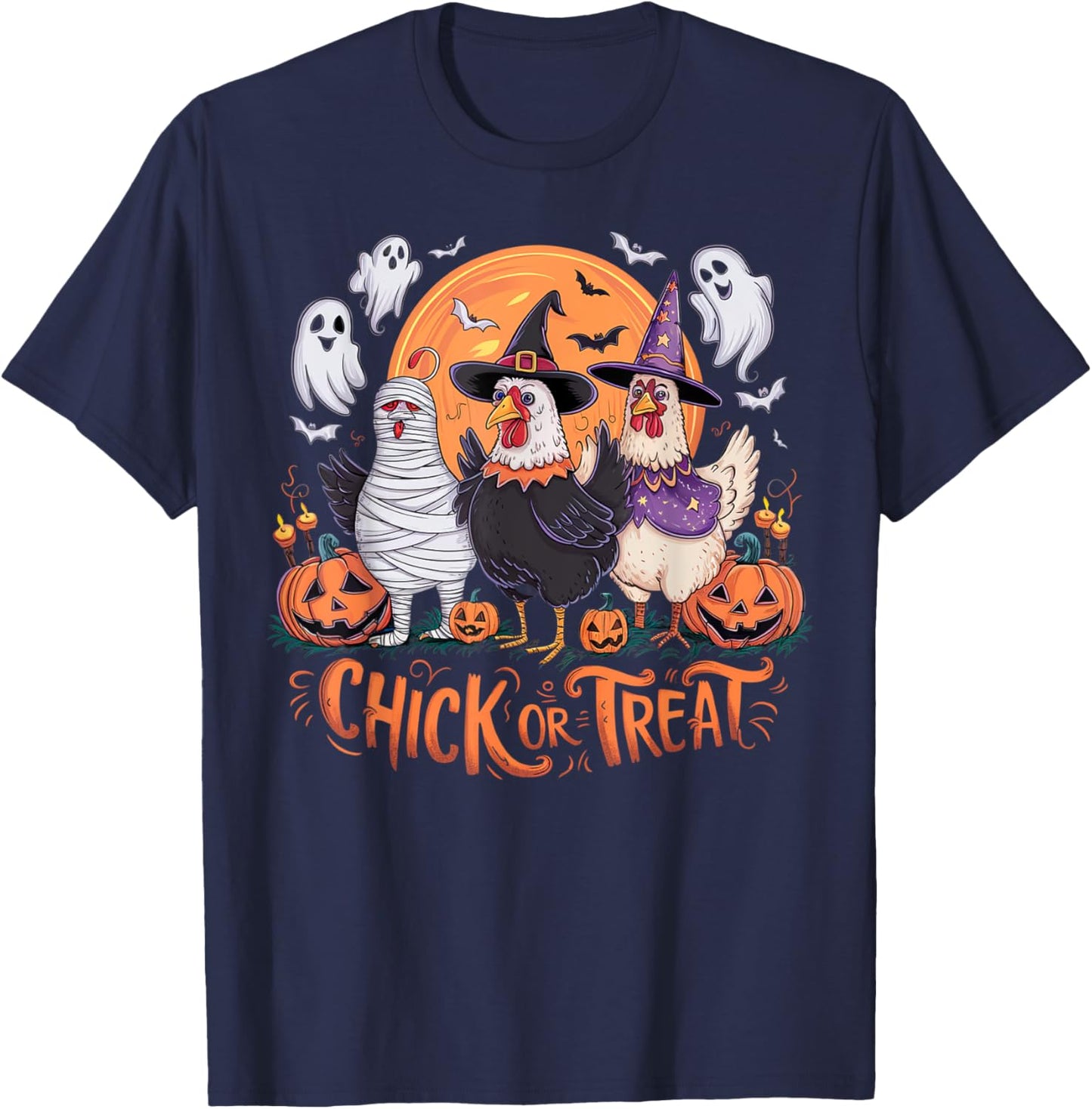 Halloween Chick Or Treat Pumpkin Spooky Witch Chicken Farmer T-Shirt - T-Shirt | Navy
