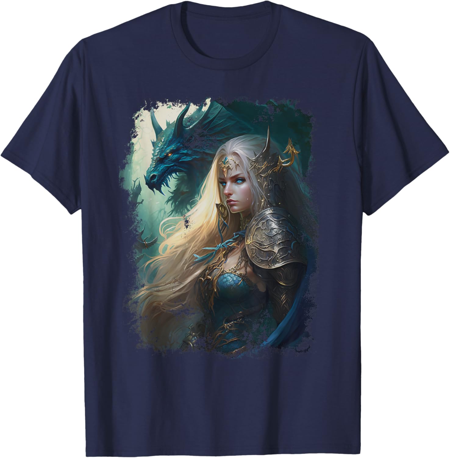 Elven Warrior Elf Princess Dragon Vintage Fantasy Graphic T-Shirt - T-Shirt | Navy