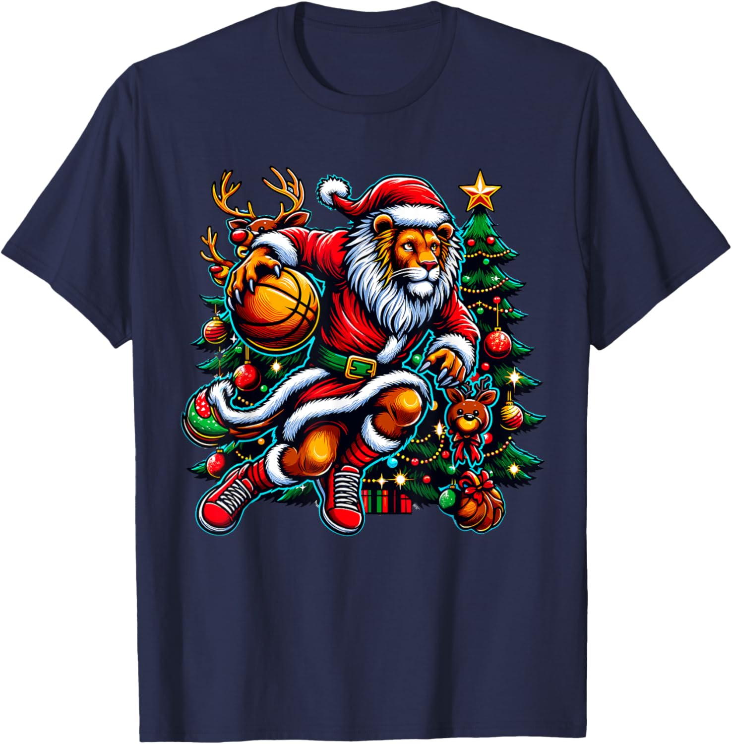 Santa Lion Play Basketball Christmas Funny T-Shirt - T-Shirt | Navy