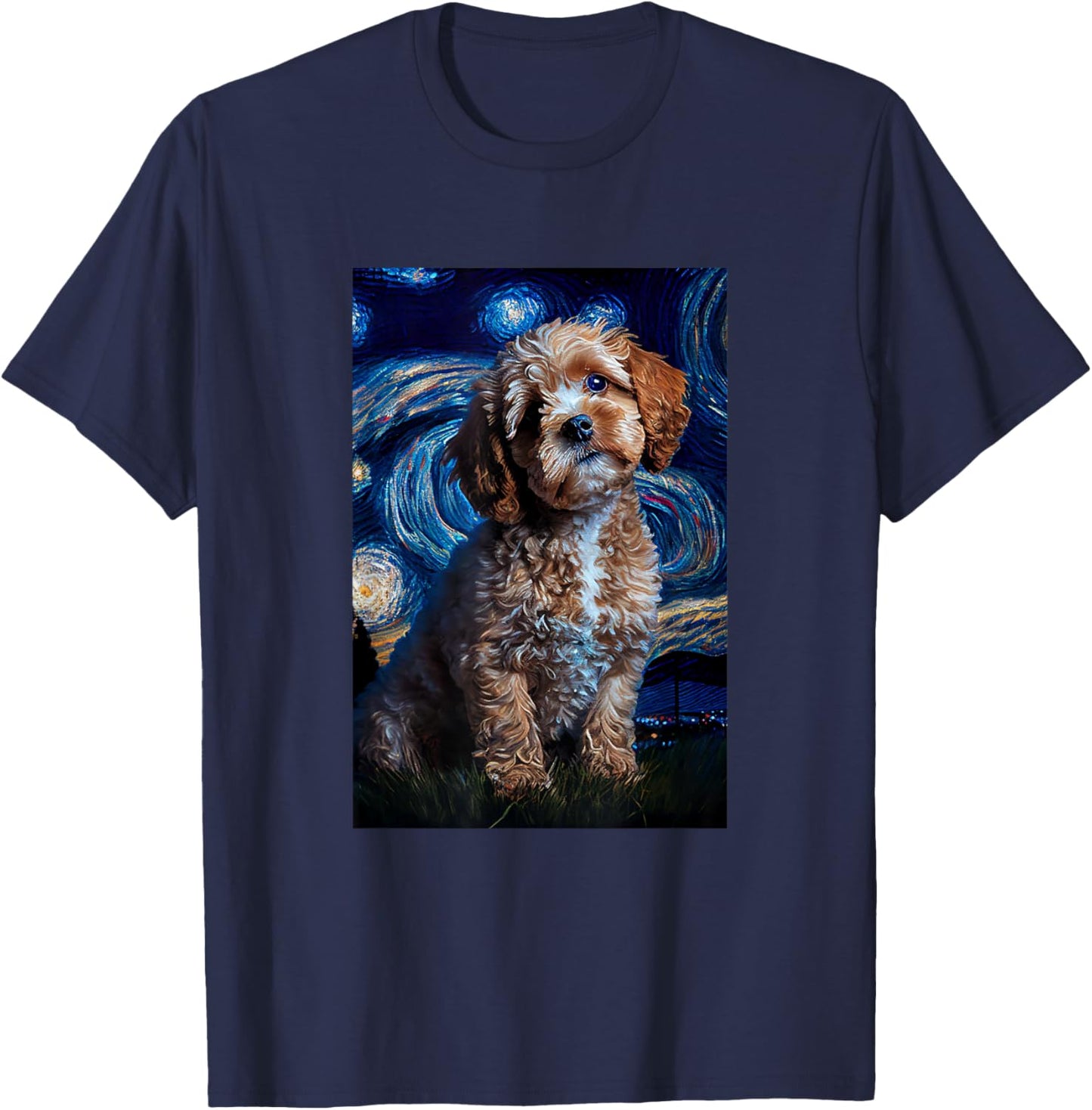 Cavapoo in Starry Night Painting Dog Mom Dad T-Shirt - T-Shirt | Navy