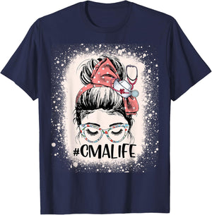 Certified Medical Assistant Messy Bun CMA Life Funny Nurse T-Shirt - T-Shirt | Navy