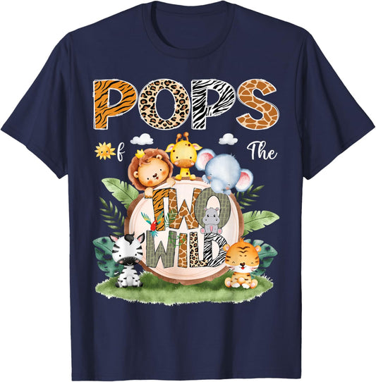 Pops Of The Two Wild 2Nd Birthday Safari Animal Lover T-Shirt - T-Shirt | Navy