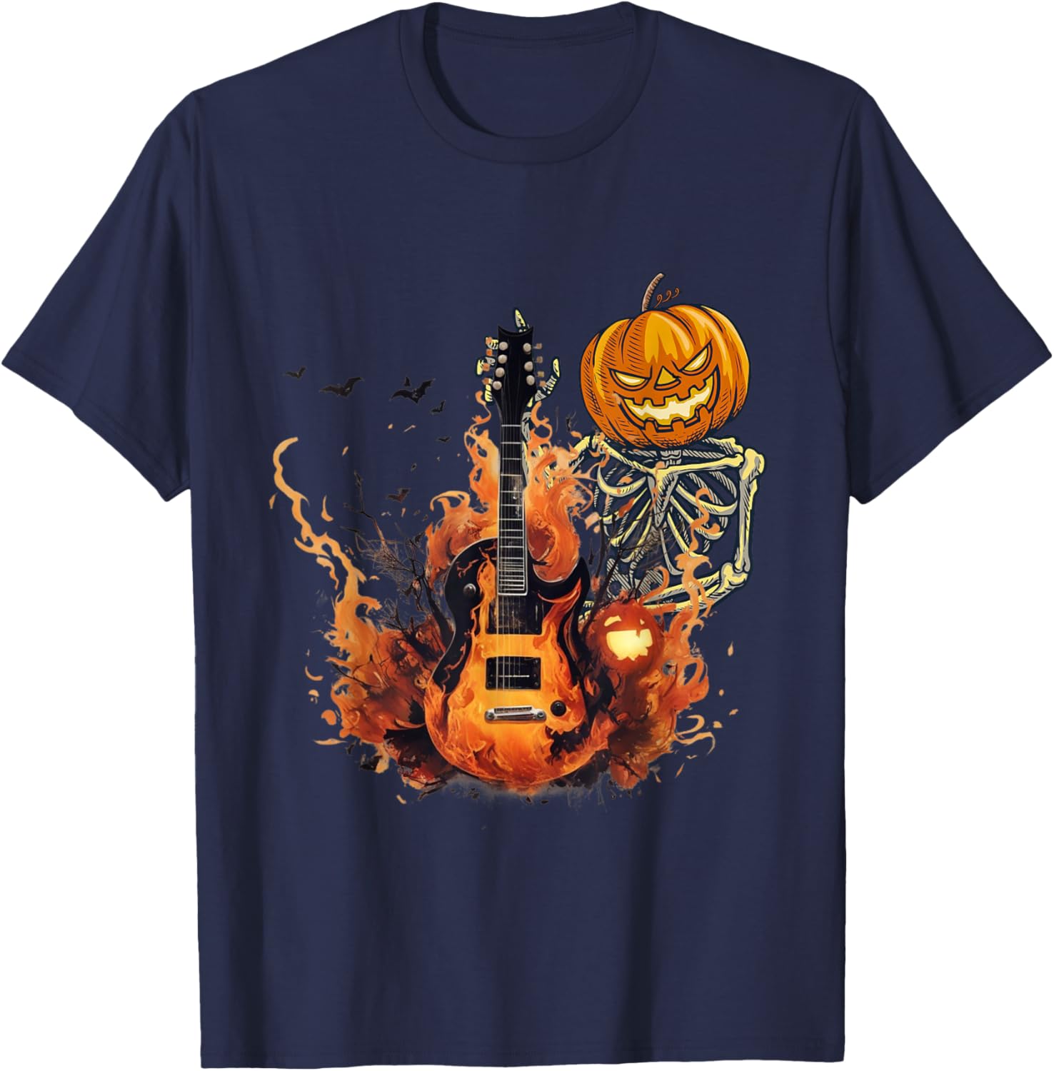 Funny Halloween Skeleton Rocker With Guitar Rock'n Roll Band T-Shirt - T-Shirt | Navy