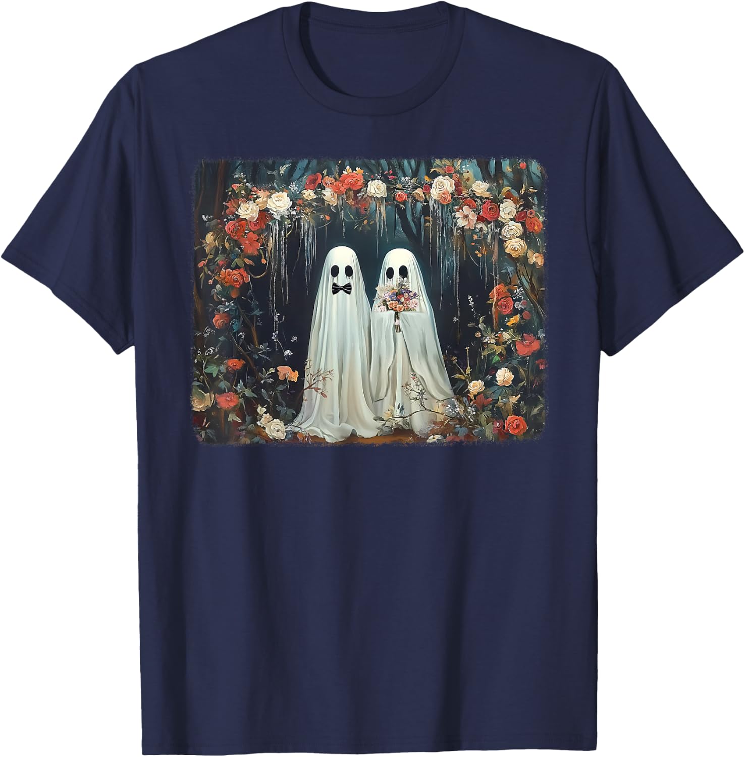 Halloween Floral Ghost Just Married Wedding Groom Bride T-Shirt - T-Shirt | Navy