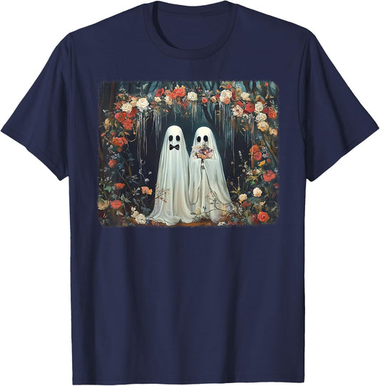 Halloween Floral Ghost Just Married Wedding Groom Bride T-Shirt - T-Shirt | Navy