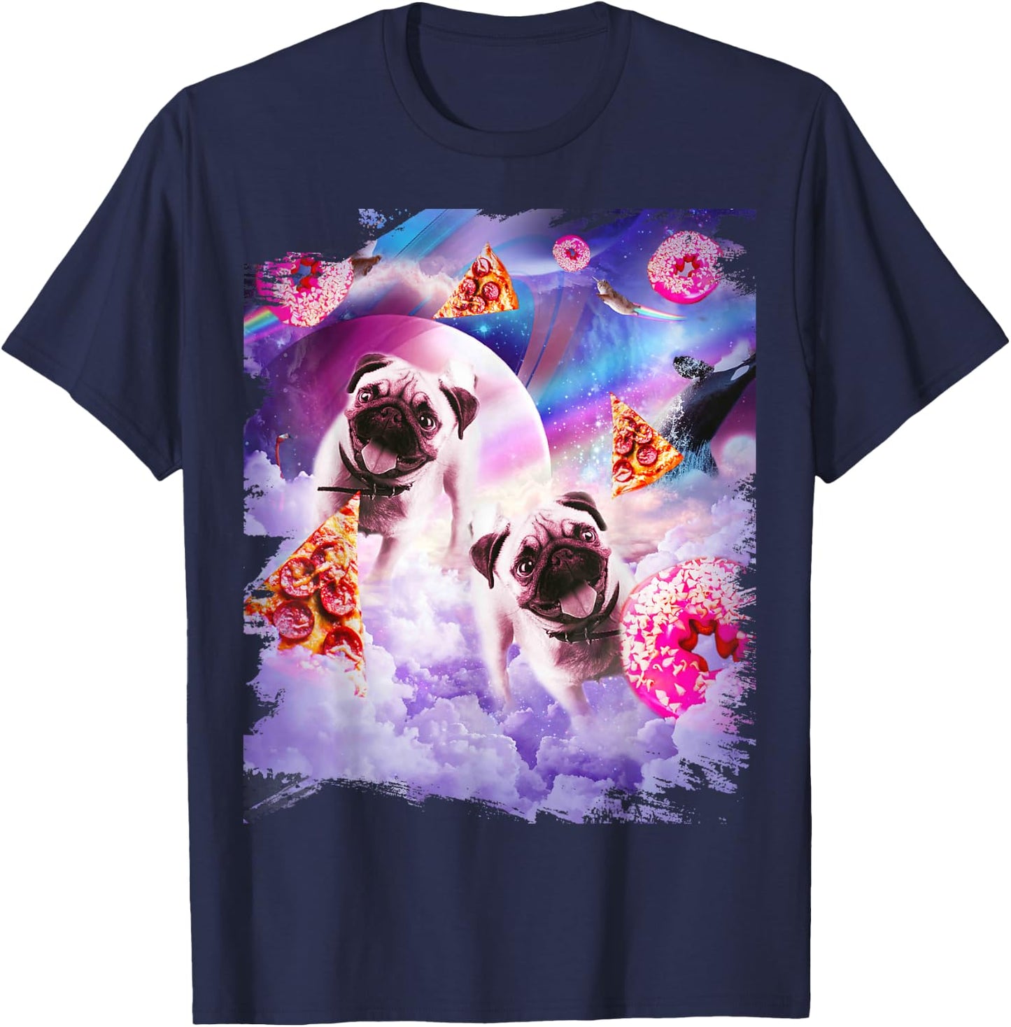 Pugs in The Clouds with Donut and Pizza T-Shirt - T-Shirt | Navy