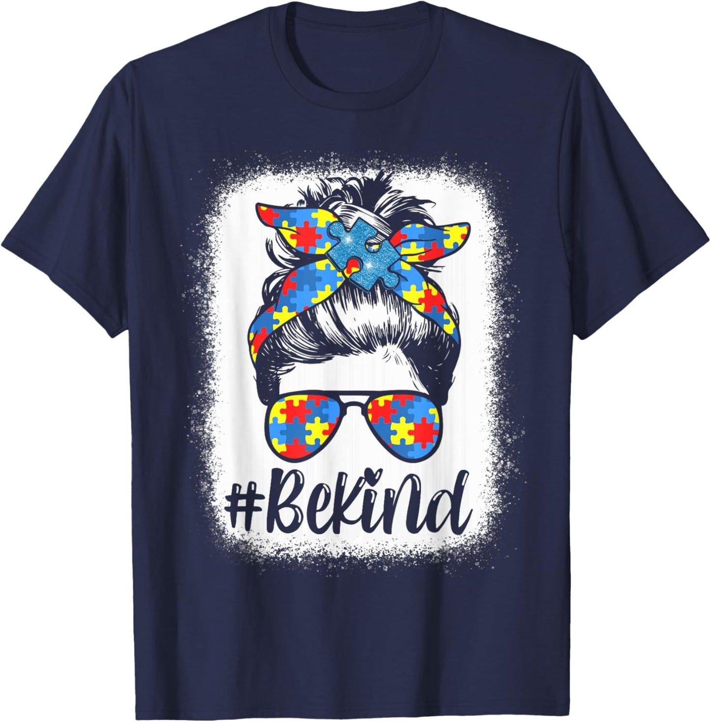 Be Kind Autism Awareness Girl Women Messy Bun Hair Gifts T-Shirt - T-Shirt | Navy