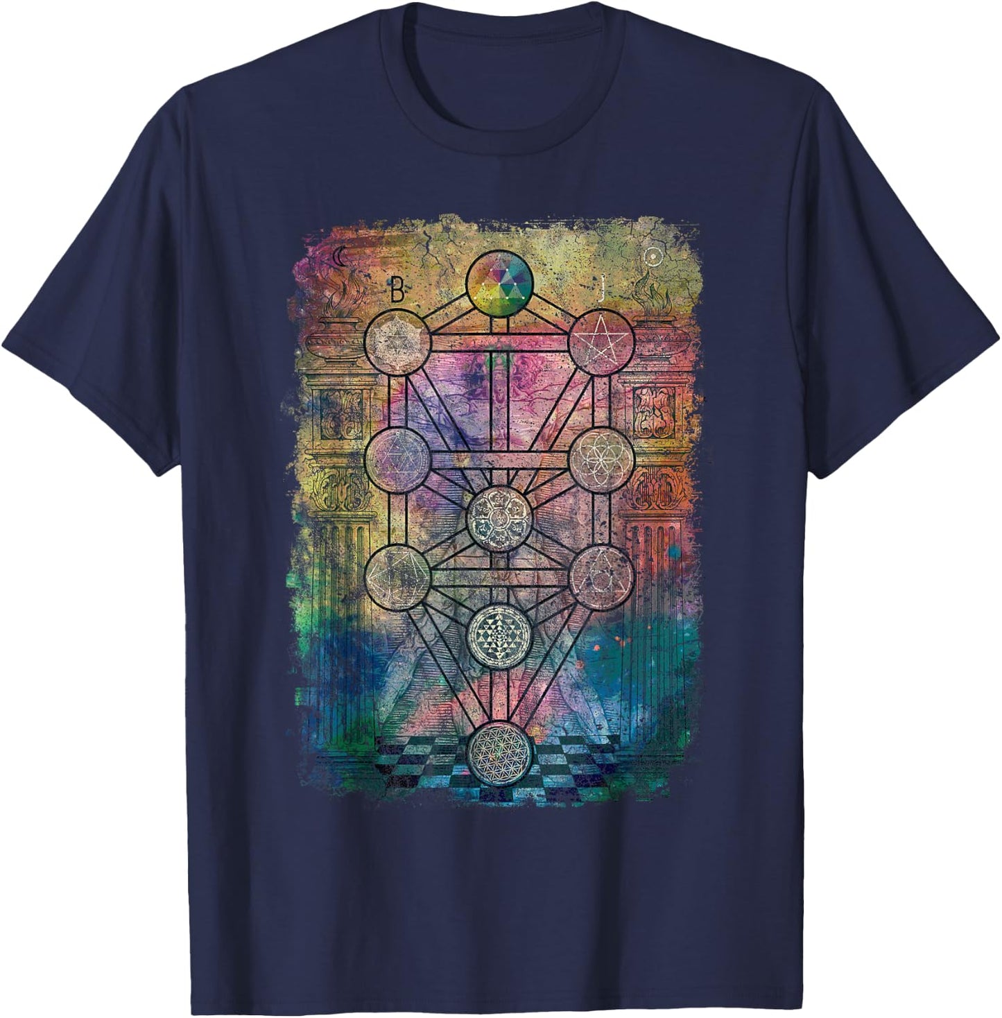 Tree Of Life Sacred Geometry Retro Vintage Graphic Print T-Shirt - T-Shirt | Navy