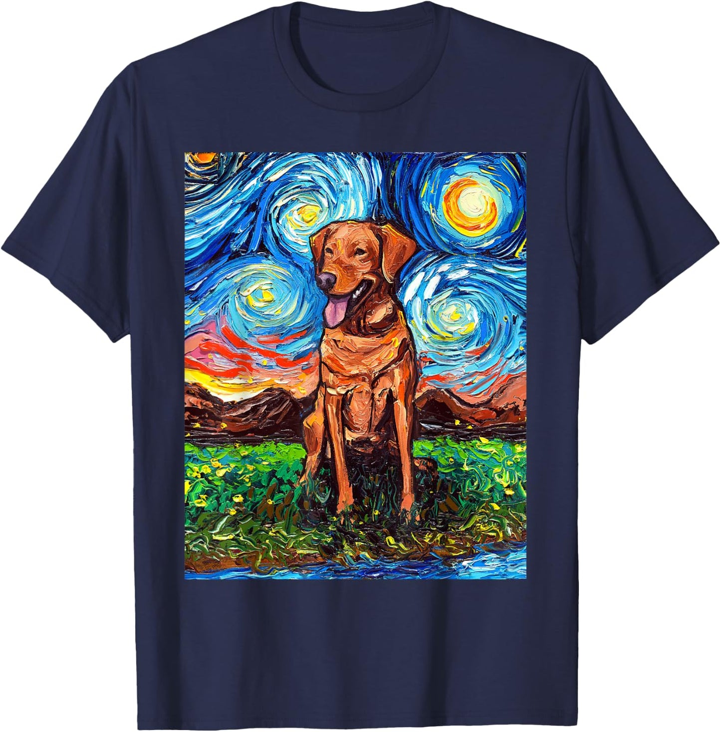Fox Red Labrador Starry Night Dog Official Art by Aja Men Women Kids T-Shirt - T-Shirt | Navy